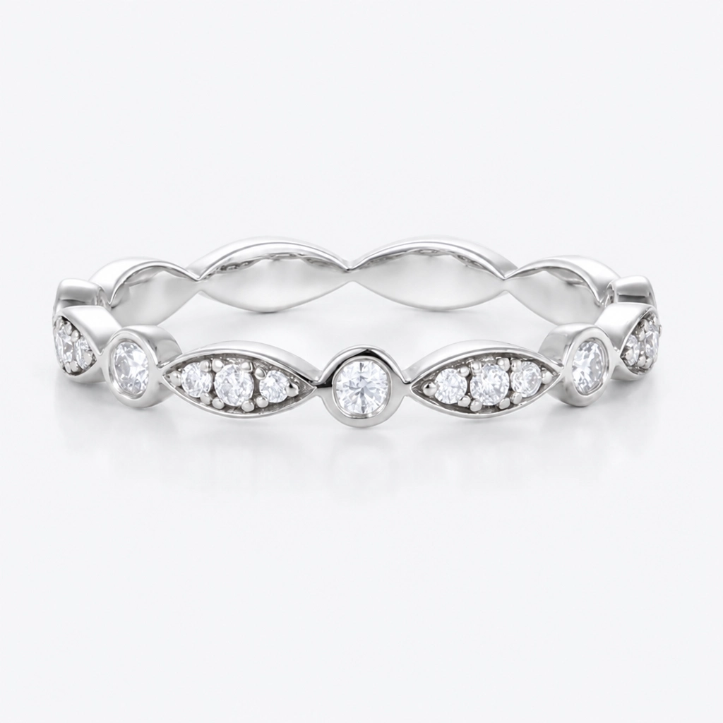 Round Cut Lab Grown Diamond Vintage Stacking Wedding Band in Rose Gold