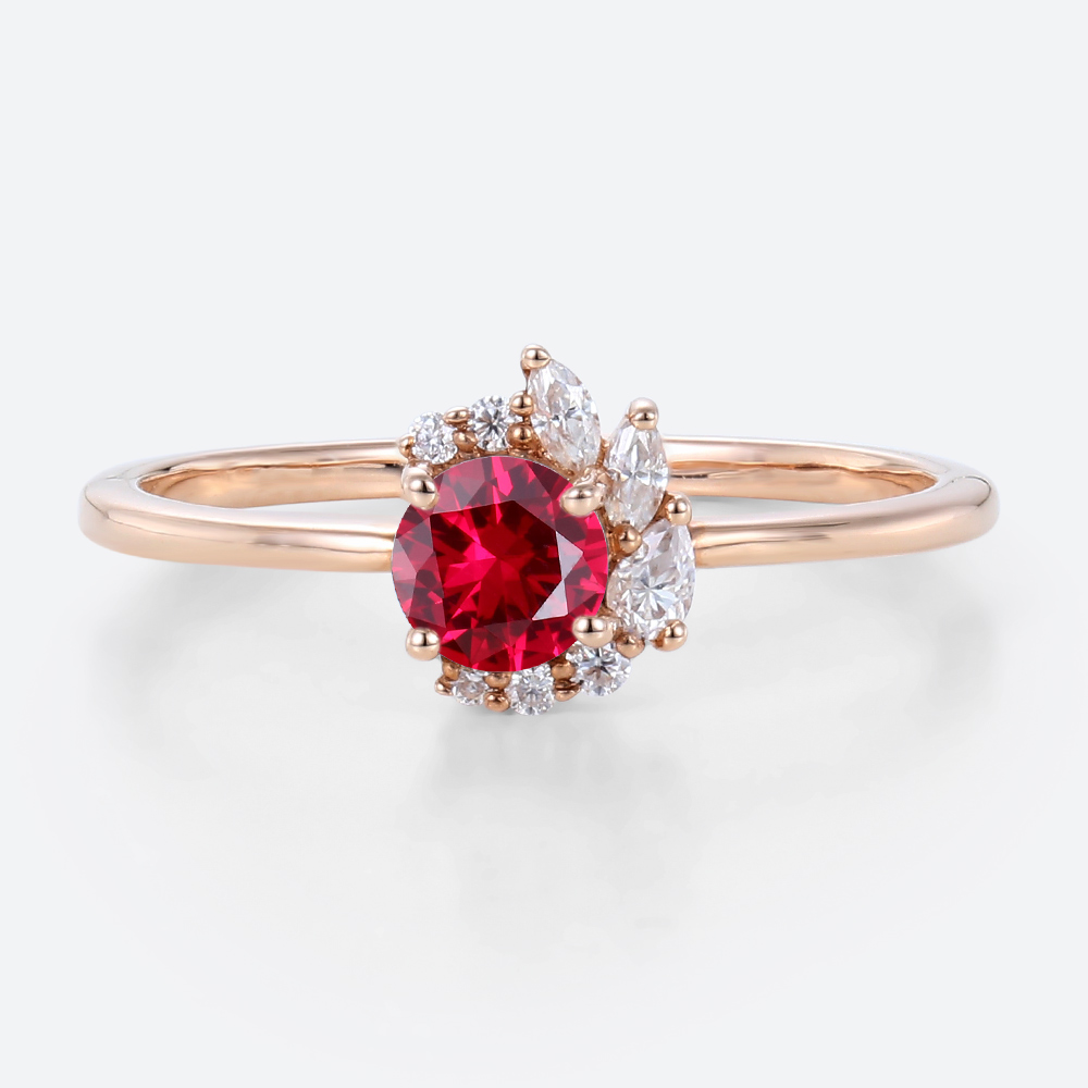Round Cut Lab Ruby Engagement Rings 0.5ct Cluster Bridal Rings in Rose Gold
