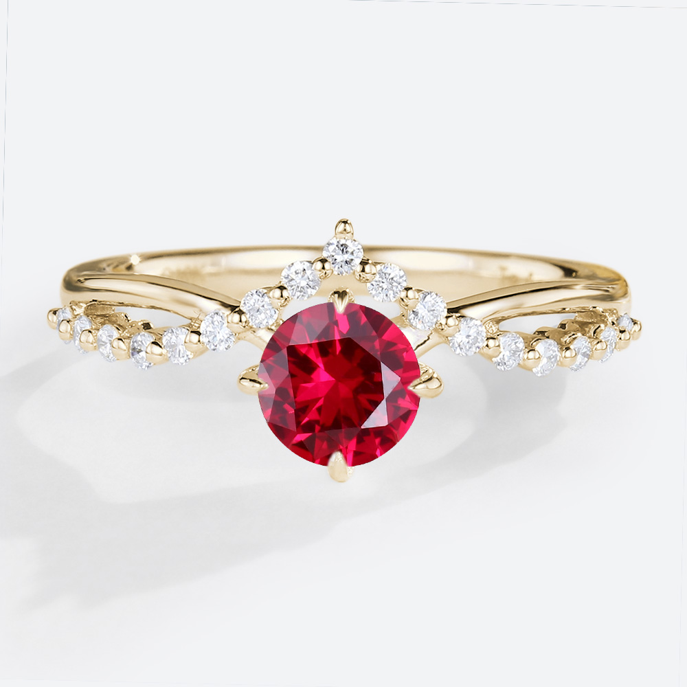 Gemstone Color - Round Cut Lab Ruby Engagement Ring 0.5ct Ruby Timeless Bridal Ring V-Style Accents in Yellow Gold