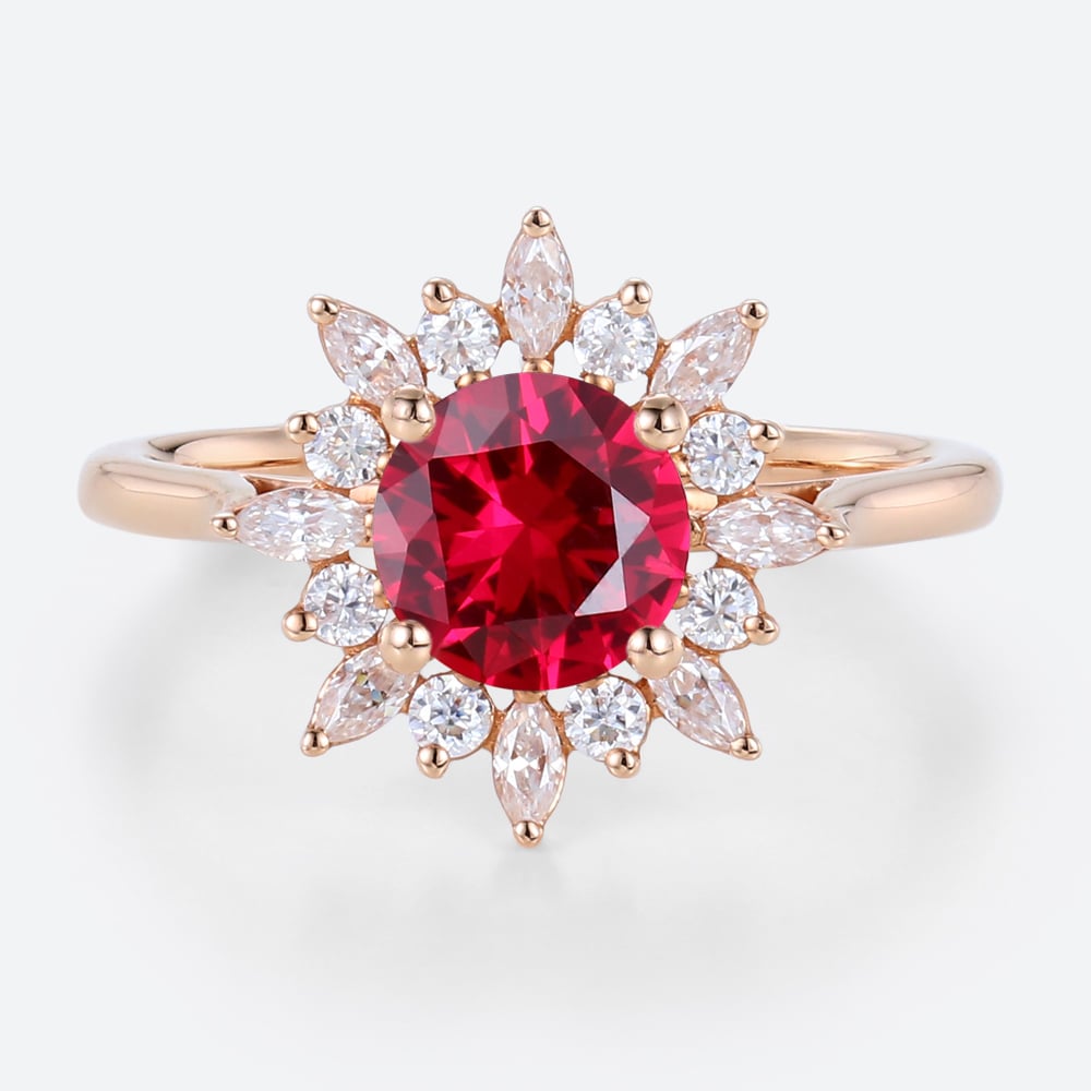 1ct Round Cut Lab Ruby and Diamond Ring with Sunflower Halo Vintage Engagement Rings in Rose Gold