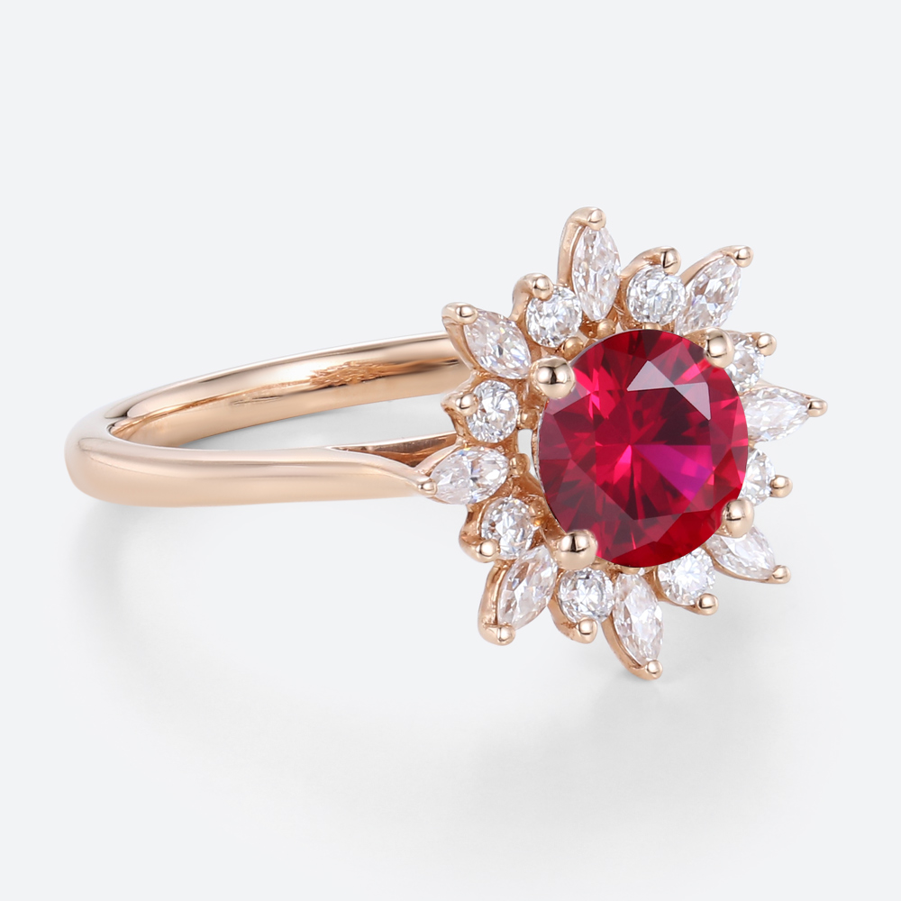 1ct Round Cut Lab Ruby and Diamond Ring with Sunflower Halo Vintage Engagement Rings in Rose Gold