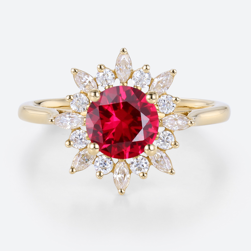 1ct Round Cut Lab Ruby and Diamond Ring with Sunflower Halo Vintage Engagement Rings in Yellow Gold