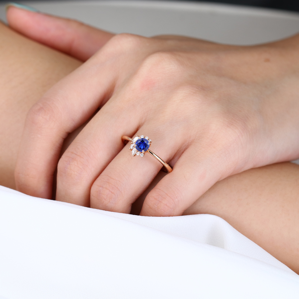 ainsley earhardt engagement ring - 0.5ct Round Cut Lab Sapphire Floral Cluster Engagement Ring Petite Bridal Ring in Rose Gold