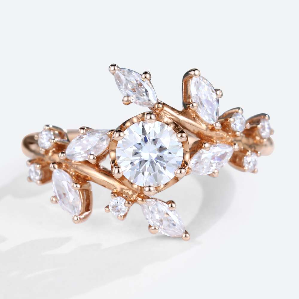 Round Moissanite Engagement Rings Nature Inspired Rose Gold Mothers Ring