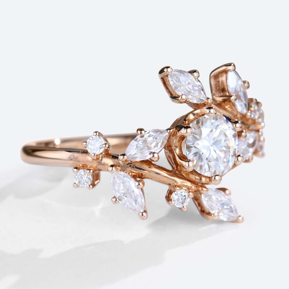 Round Moissanite Engagement Rings Nature Inspired Rose Gold Mothers Ring