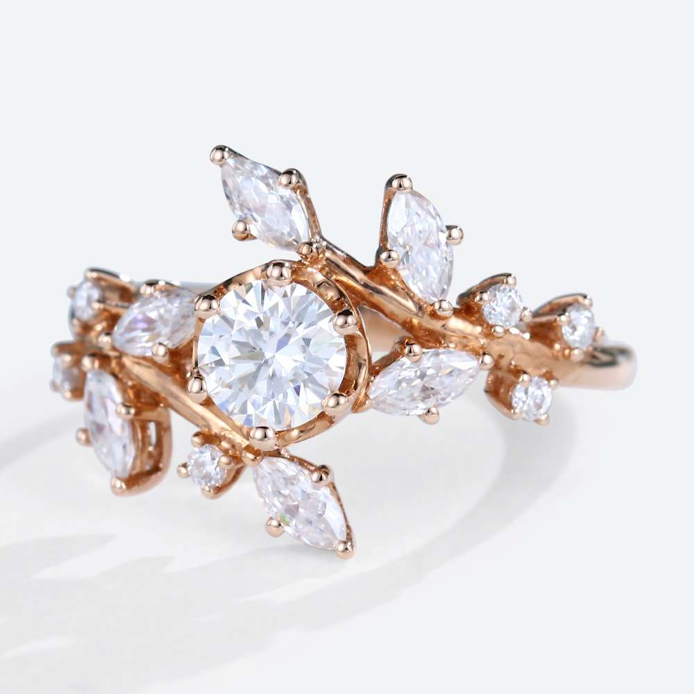 Round Moissanite Engagement Rings Nature Inspired Rose Gold Mothers Ring