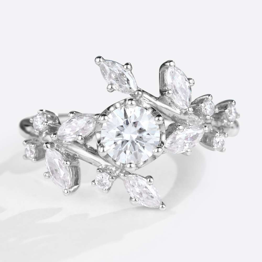 Round Moissanite Engagement Rings Nature Inspired white Gold Mothers Ring