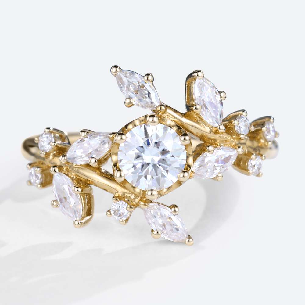 Round Moissanite Engagement Rings Nature Inspired yellow Gold Mothers Ring