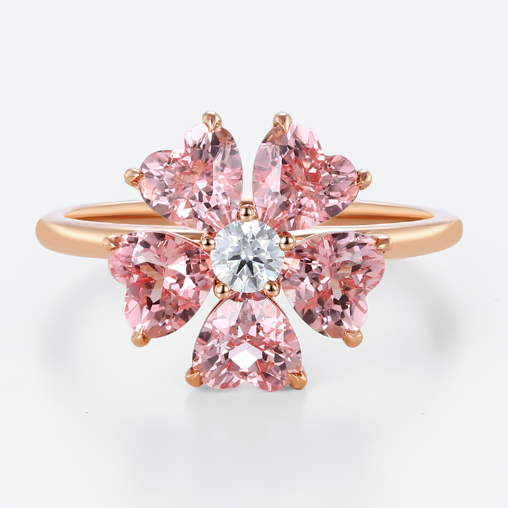 Holiday Proposal Round Moissanite Floral Engagement Rings​ with 2.2ct Heart Pink Sapphire Petals in Rose Gold