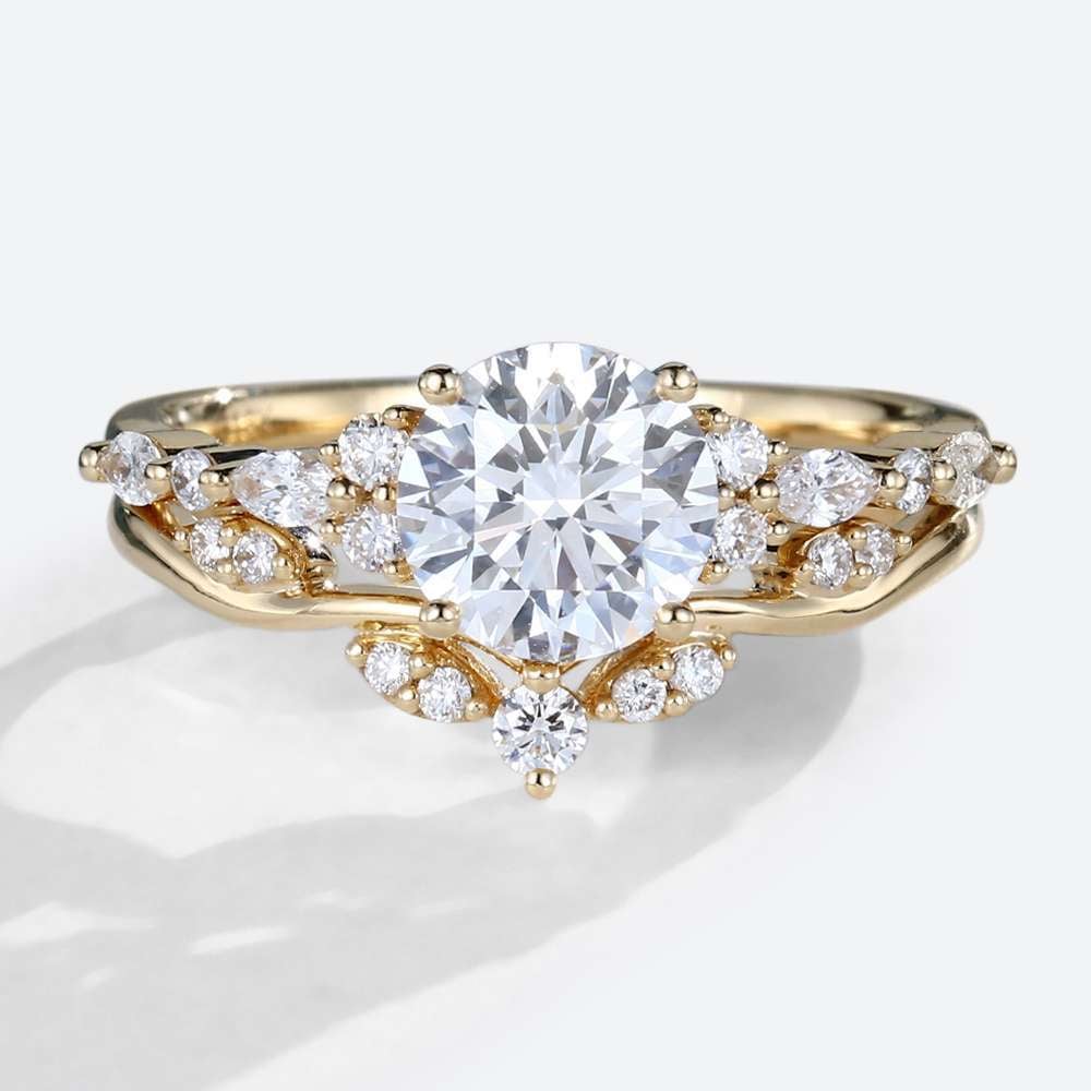 Yellow Gold Engagement Ring Sets Round Cut 1ct Moissanite Ring