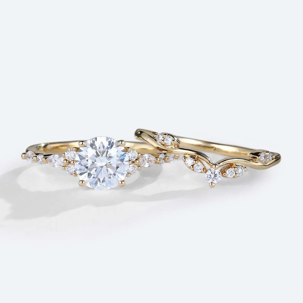 Yellow Gold Engagement Ring Sets Round Cut 1ct Moissanite Ring
