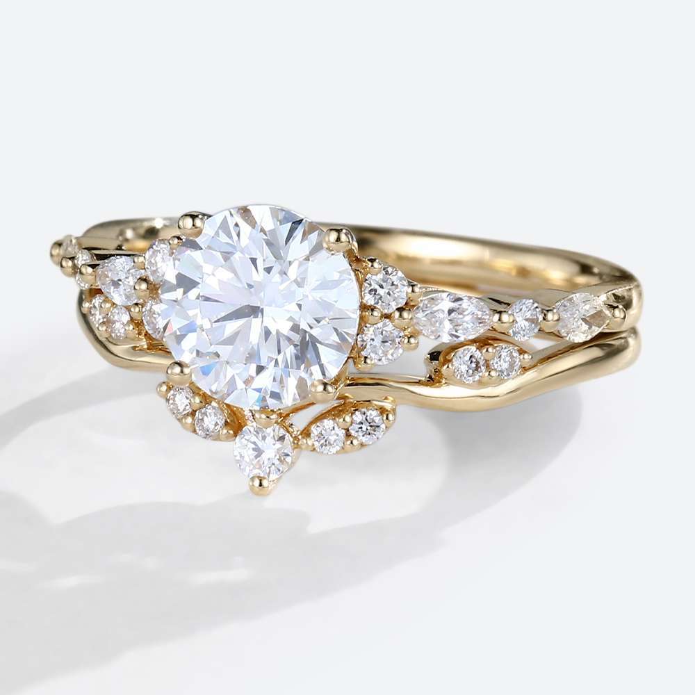 Yellow Gold Engagement Ring Sets Round Cut 1ct Moissanite Ring
