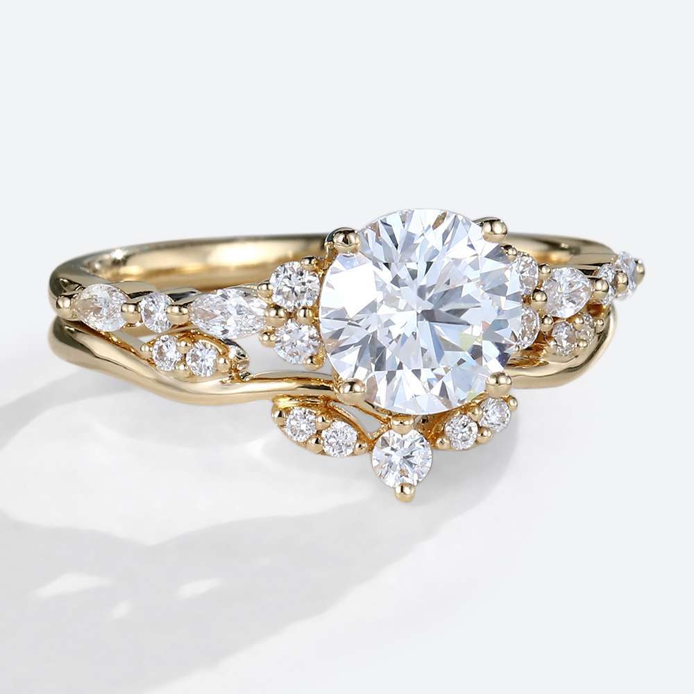 Yellow Gold Engagement Ring Sets Round Cut 1ct Moissanite Ring