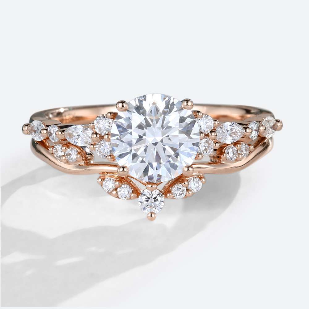 Yellow Gold Engagement Ring Sets Round Cut 1ct Moissanite Ring