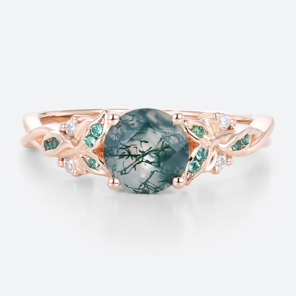 Women's Moss Agate Ring Oval Intricate Leaf Engagement Rings