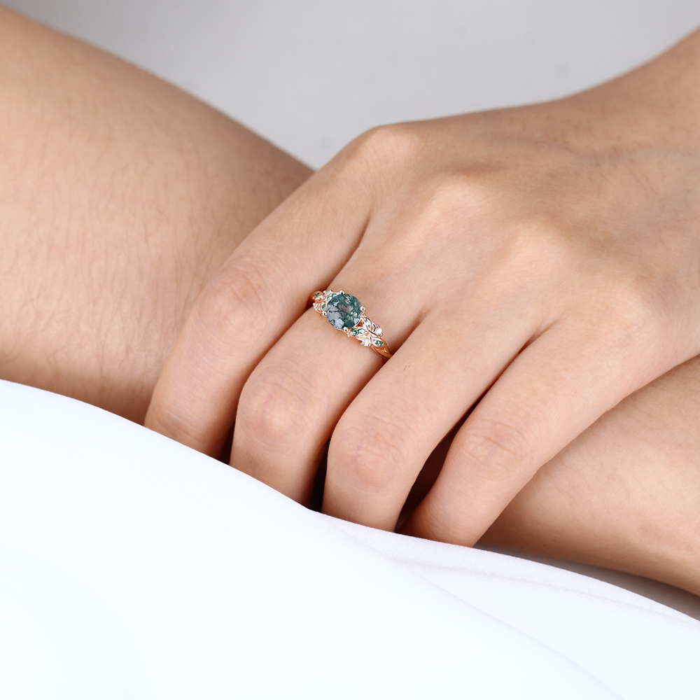 Women's Moss Agate Ring Oval Intricate Leaf Engagement Rings