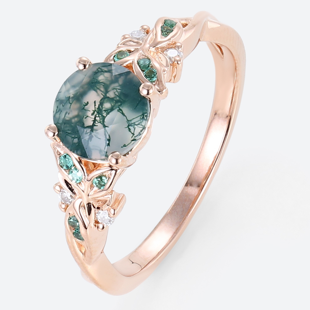 Women's Moss Agate Ring Oval Intricate Leaf Engagement Rings