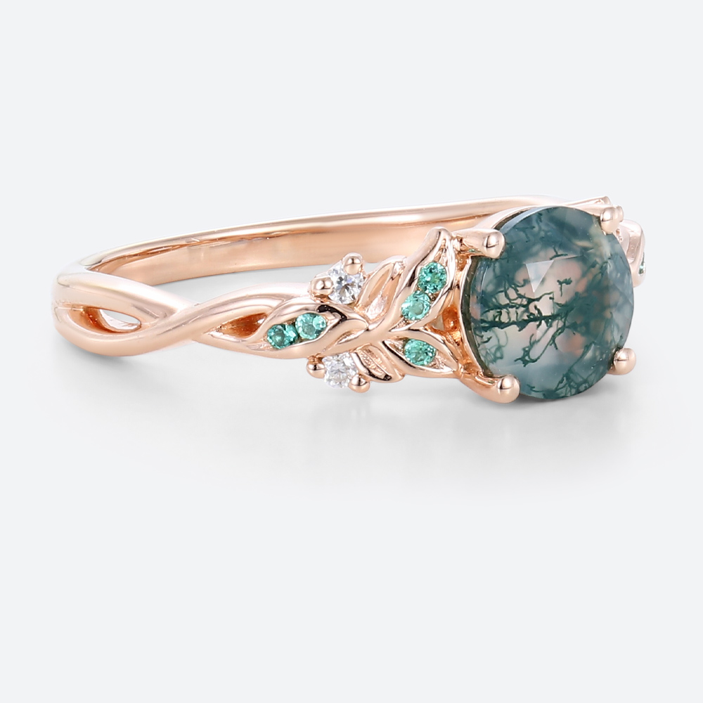 Women's Moss Agate Ring Oval Intricate Leaf Engagement Rings