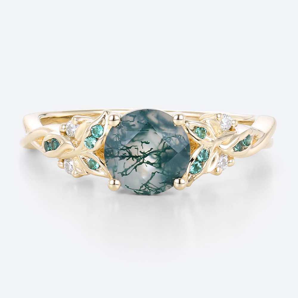 Women's Moss Agate Ring Oval Intricate Leaf Engagement Rings