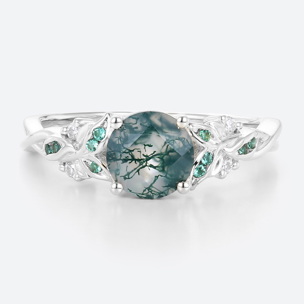 Women's Moss Agate Ring Oval Intricate Leaf Engagement Rings