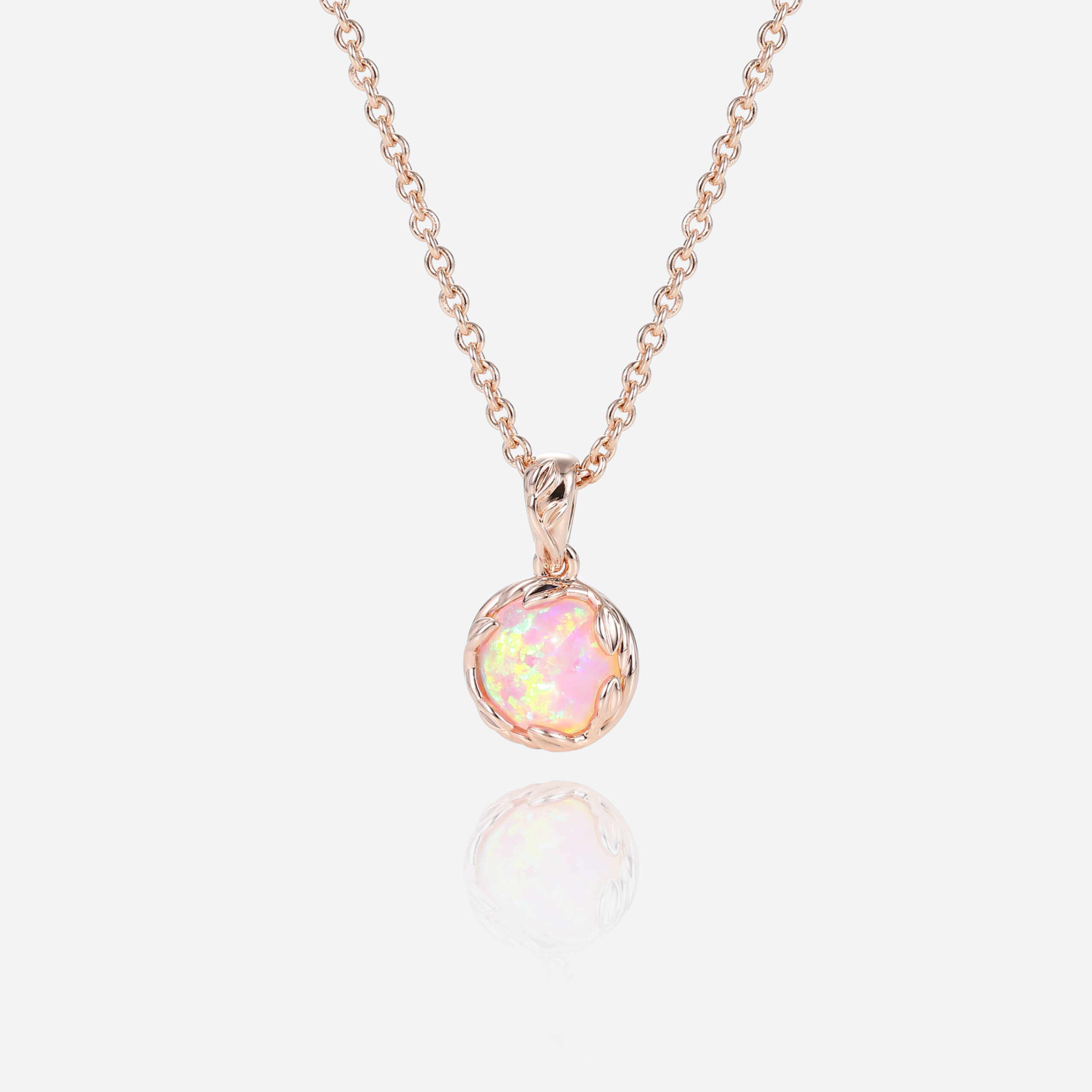 October’s Birthstone -Round Cut Pink Opal Nature-Inspired Necklace Leaf-Wrapped Pendant
