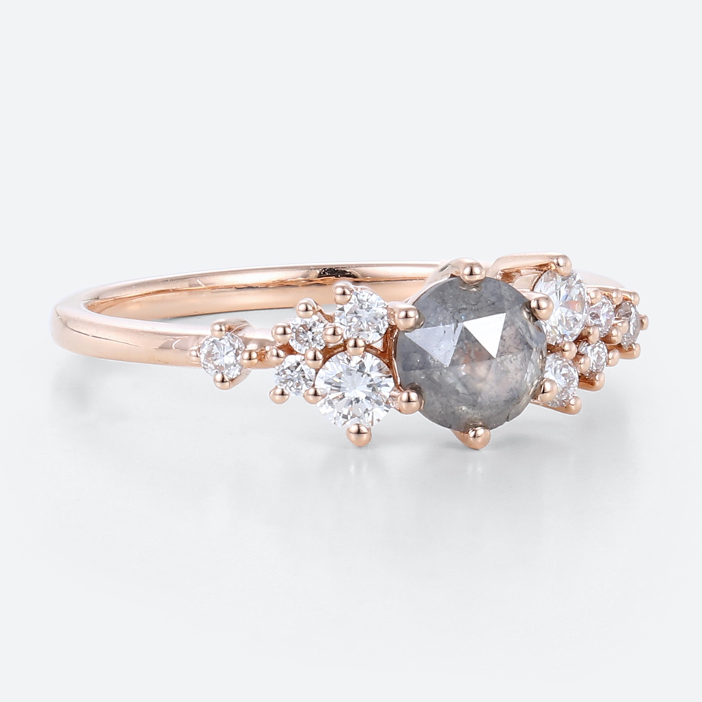 Round Cut Salt &amp; Pepper Diamond Engagement Rings Cluster Bridal Ring (2)