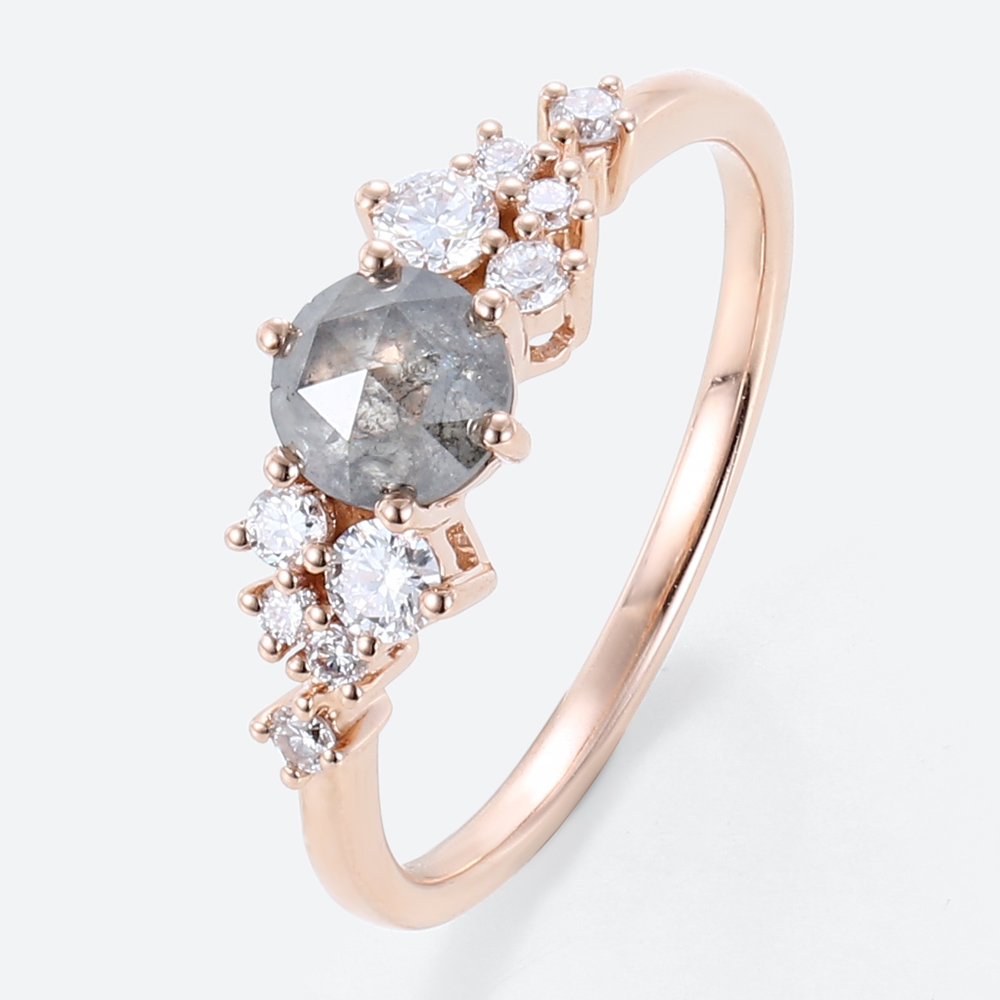Round Cut Salt &amp; Pepper Diamond Engagement Rings Cluster Bridal Ring (4)