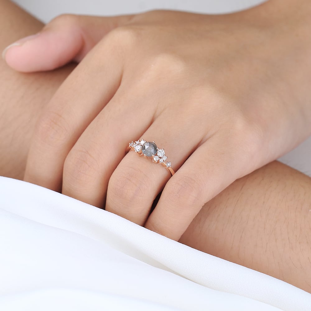 Round Cut Salt &amp; Pepper Diamond Engagement Rings Cluster Bridal Ring (5)