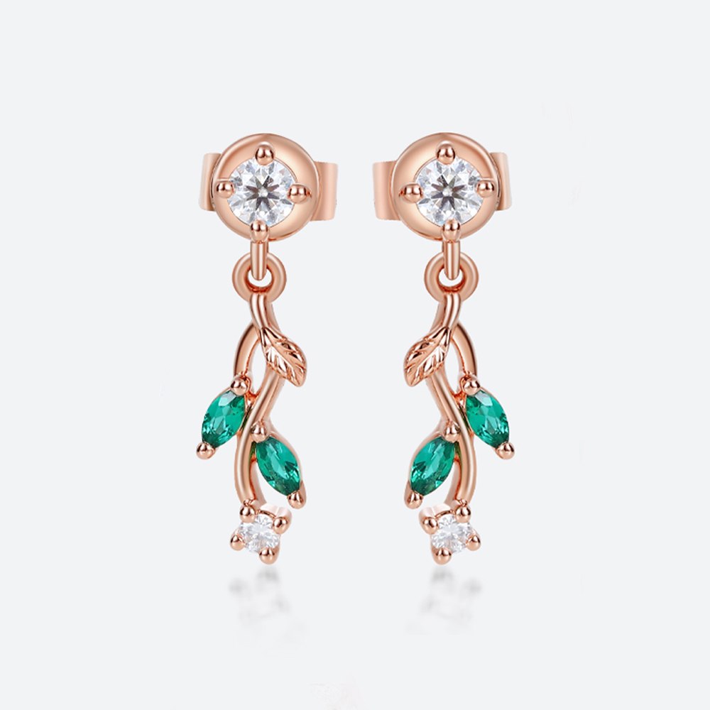 Lab Diamond Drop Earrings with Emerald Accents Nature-Inspired Earrings in Rose Gold