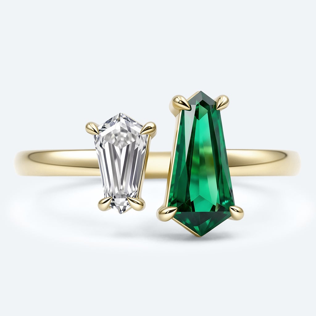 Shield Cut Toi Et Moi Ring Emeralds & Diamond Engagement Ring
