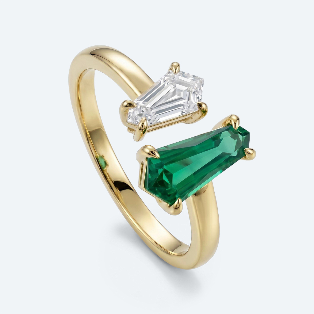 Shield Cut Toi Et Moi Ring Emeralds & Diamond Engagement Ring