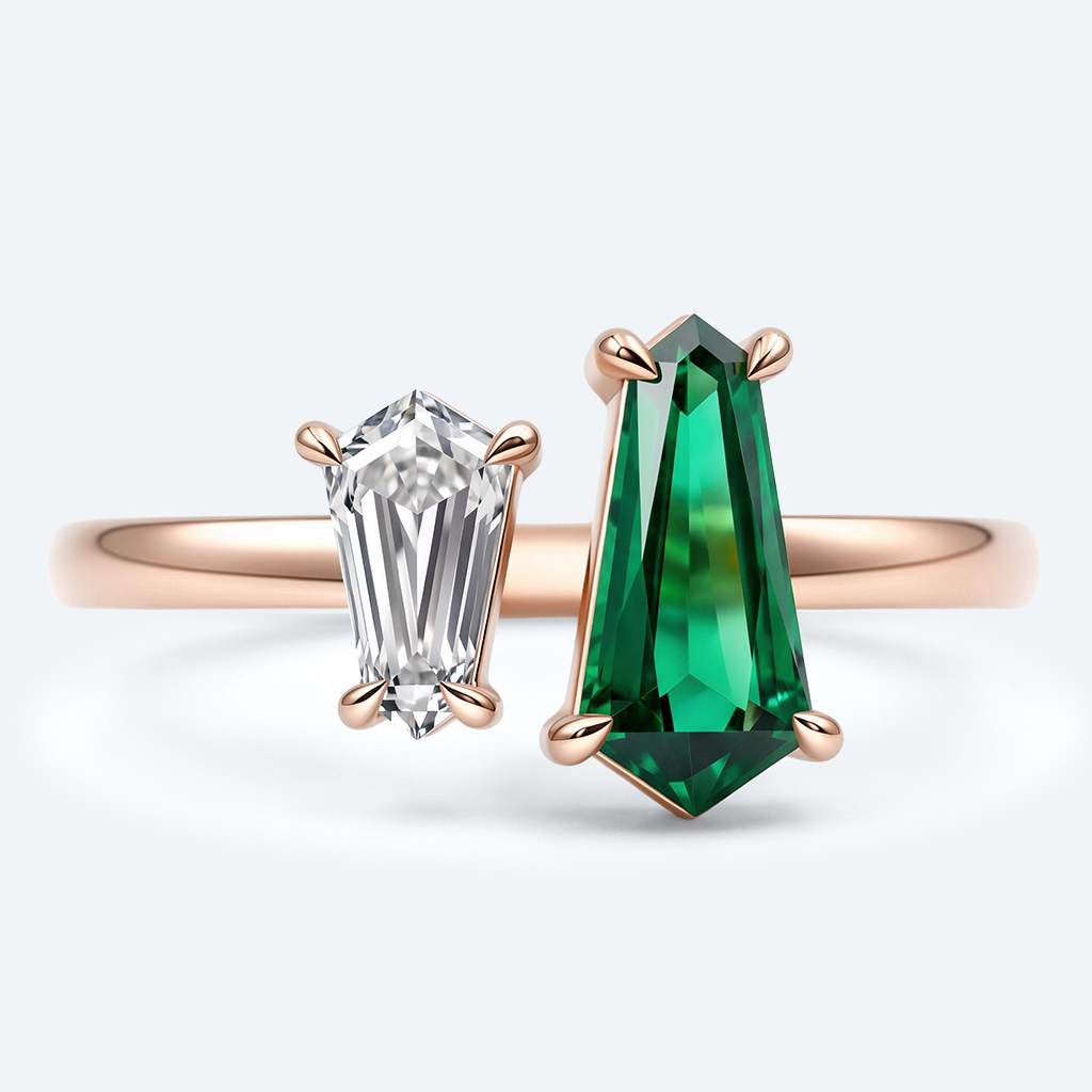 Shield Cut Toi Et Moi Ring Emeralds & Diamond Engagement Ring