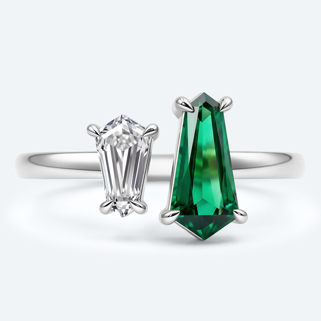 Shield Cut Toi Et Moi Ring Emeralds & Diamond Engagement Ring