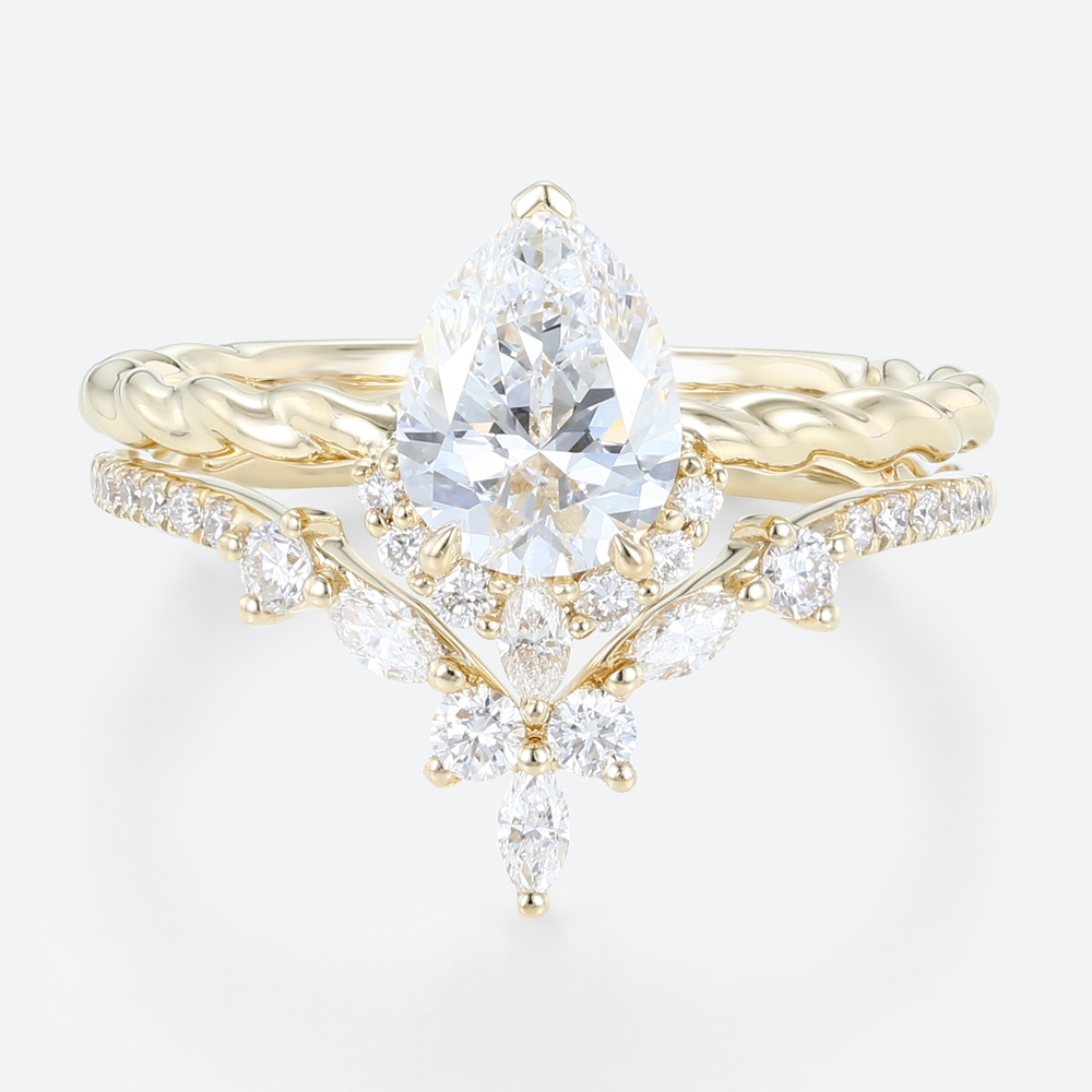 Solid Gold 1.2 Carat Pear Shaped Lab Diamond Twisted Engagement Ring Set 