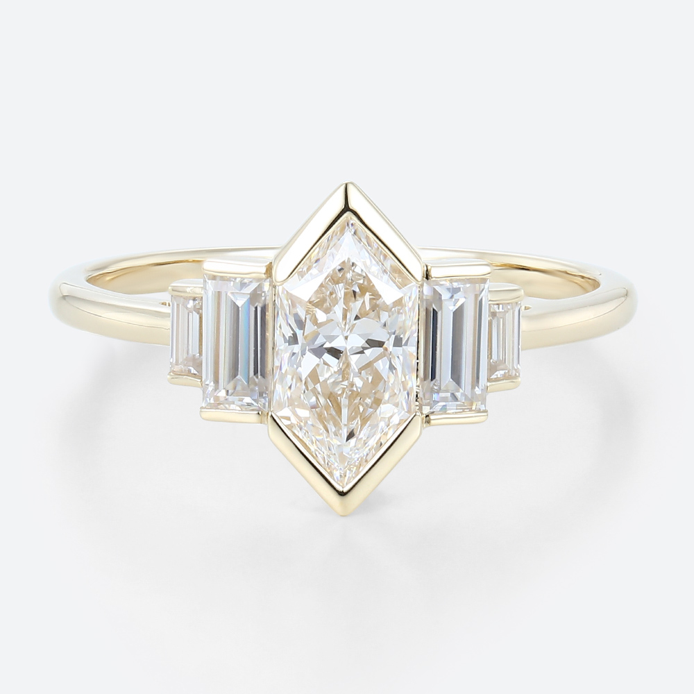 Solid Gold Elongated-Hexagon Cut Lab Diamond Engagement Rings