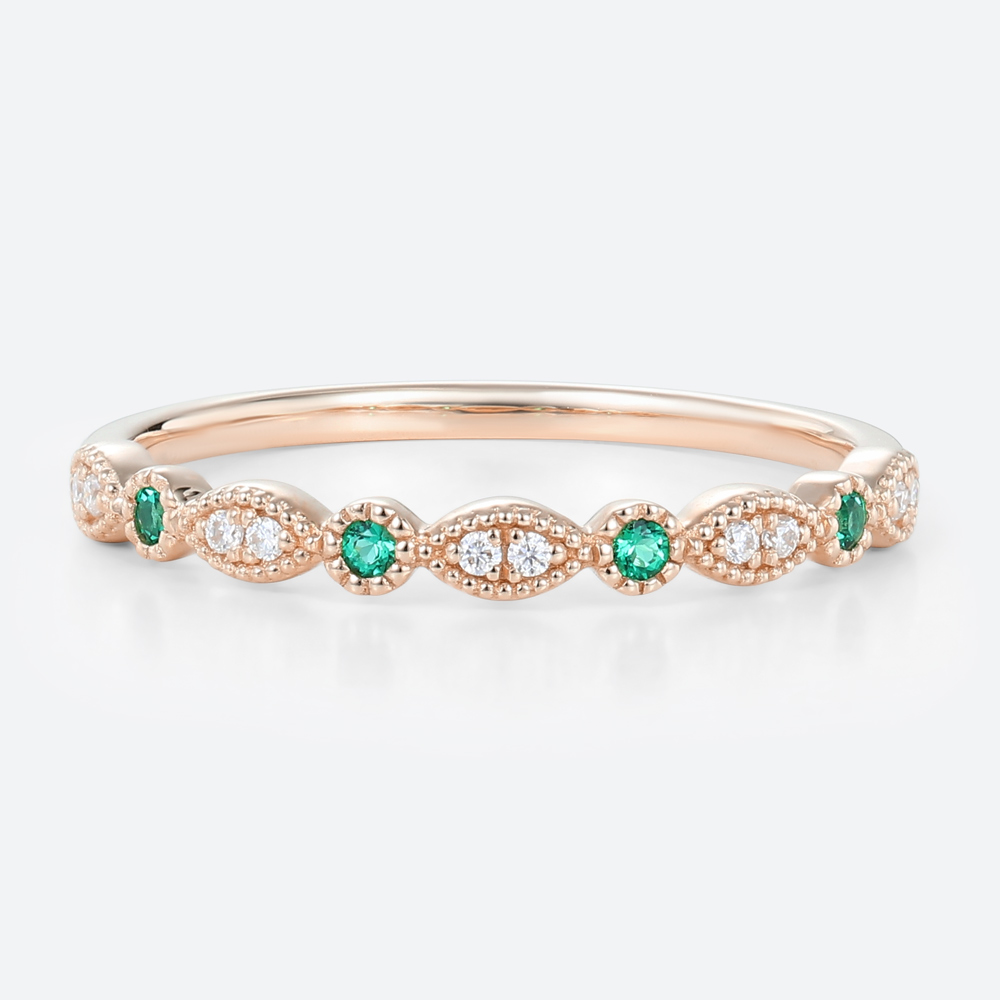 Solid Gold Round Cut Emerald & Diamond Anniversary Wedding Ring Vintage Stackable Bands (1)