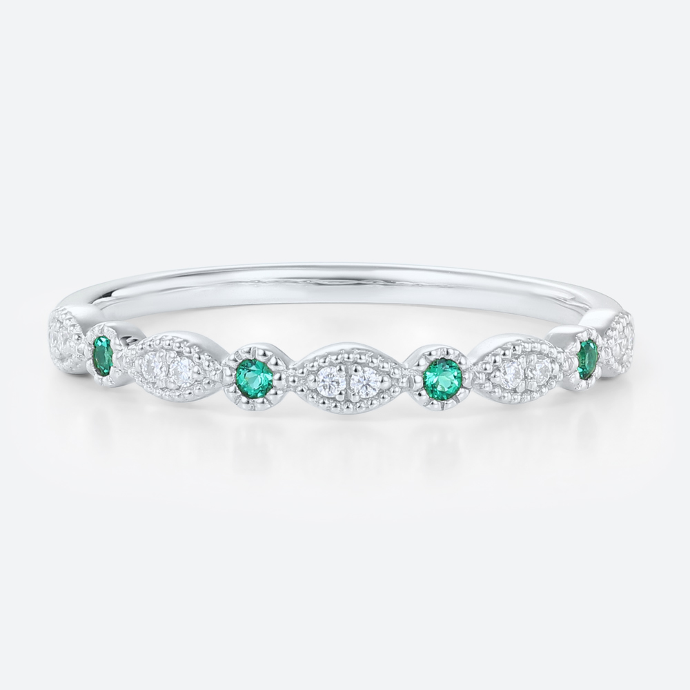 Solid Gold Round Cut Emerald & Diamond Anniversary Wedding Ring Vintage Stackable Bands (2)