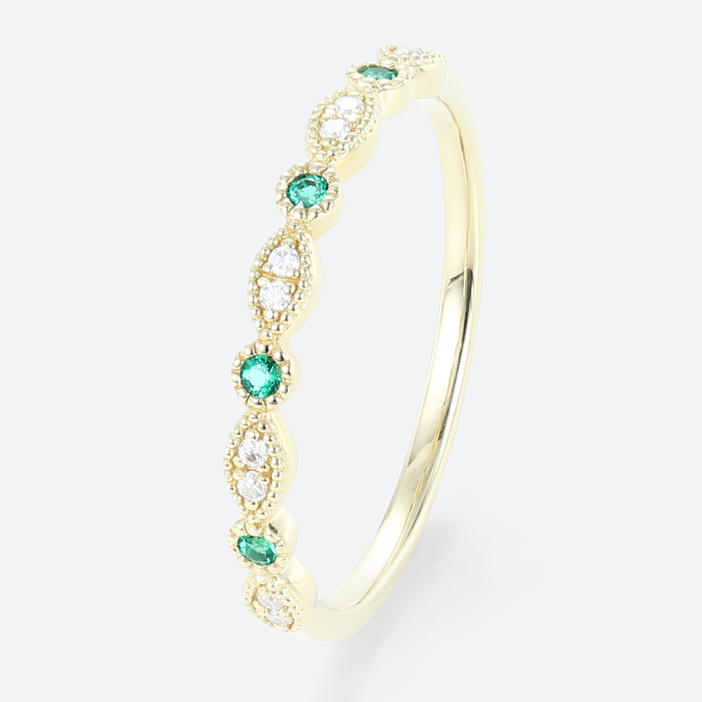 Solid Gold Round Cut Emerald & Diamond Anniversary Wedding Ring Vintage Stackable Bands