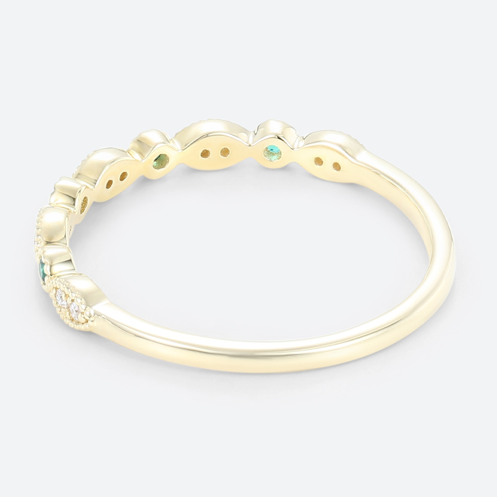 Solid Gold Round Cut Emerald & Diamond Anniversary Wedding Ring Vintage Stackable Bands