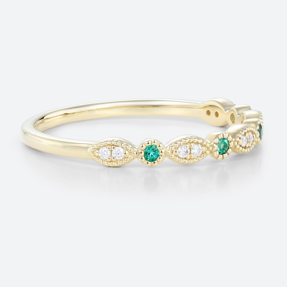 Solid Gold Round Cut Emerald & Diamond Anniversary Wedding Ring Vintage Stackable Bands