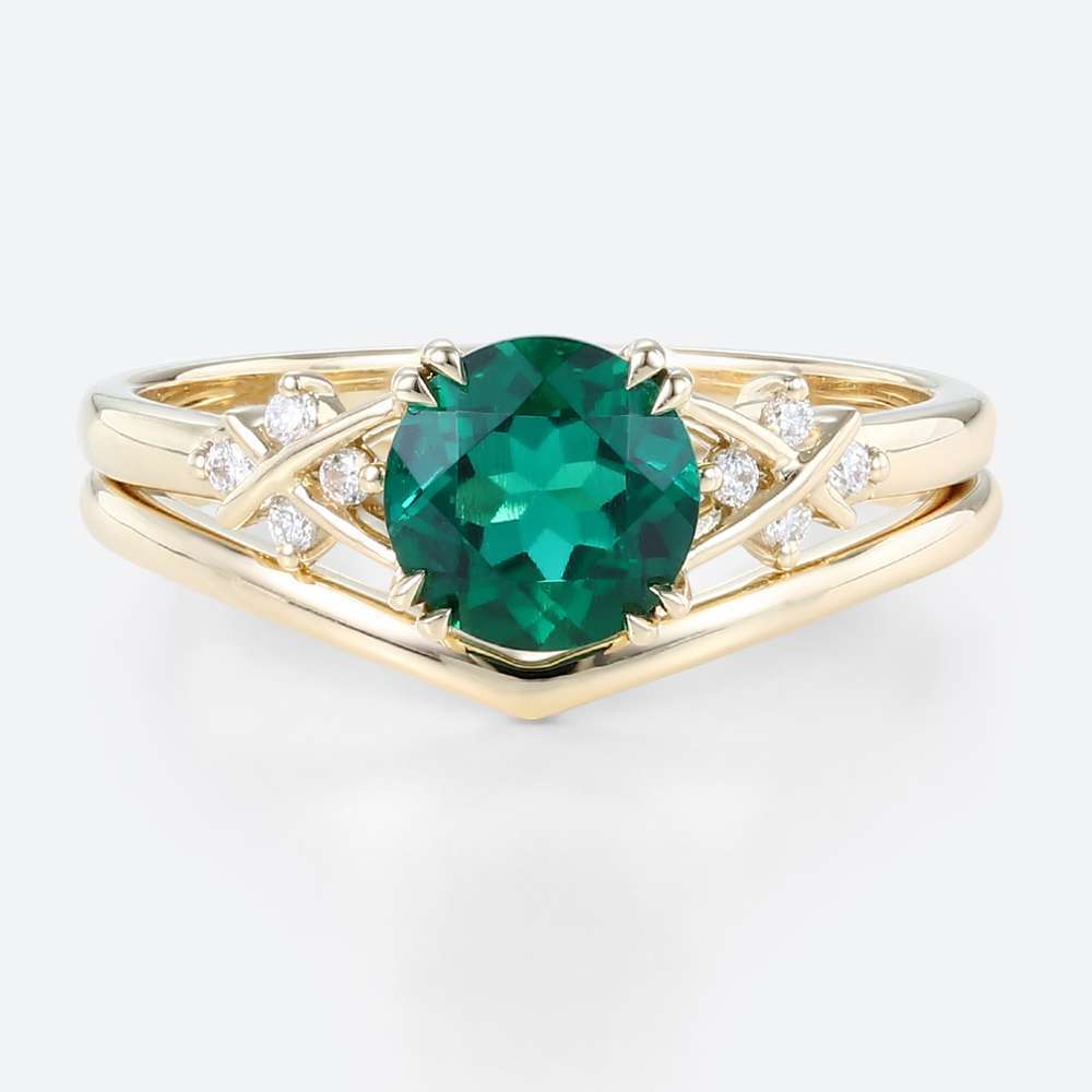 Lab Emeralds Round Engagement Ring Set Settings with Lab Diamonds