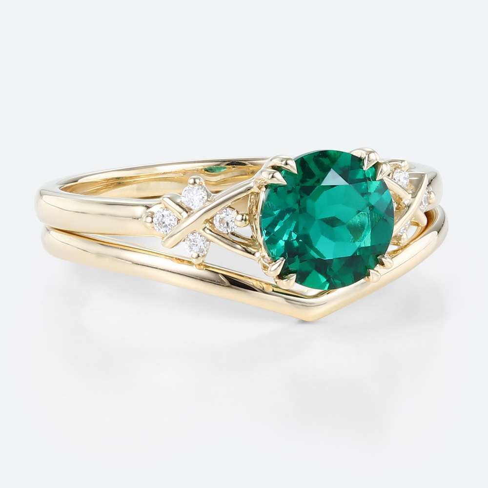 Lab Emeralds Round Engagement Ring Set Settings with Lab Diamonds