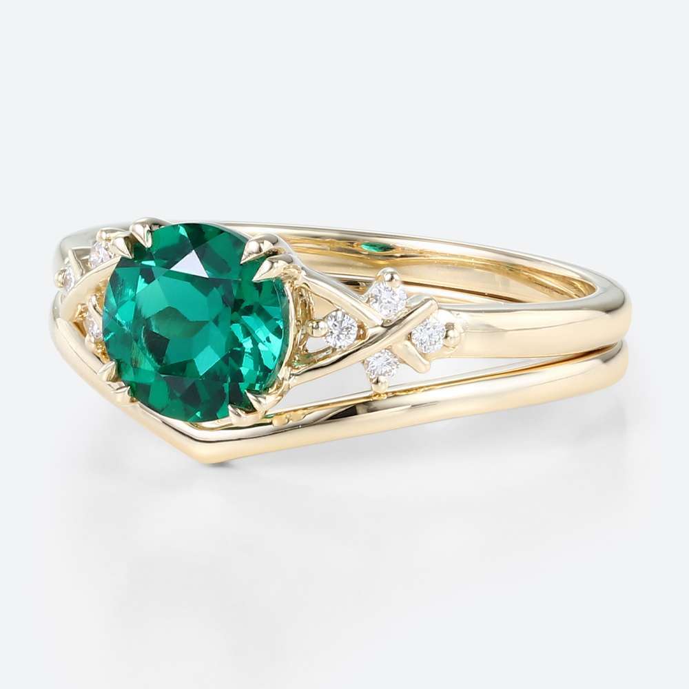 Lab Emeralds Round Engagement Ring Set Settings with Lab Diamonds