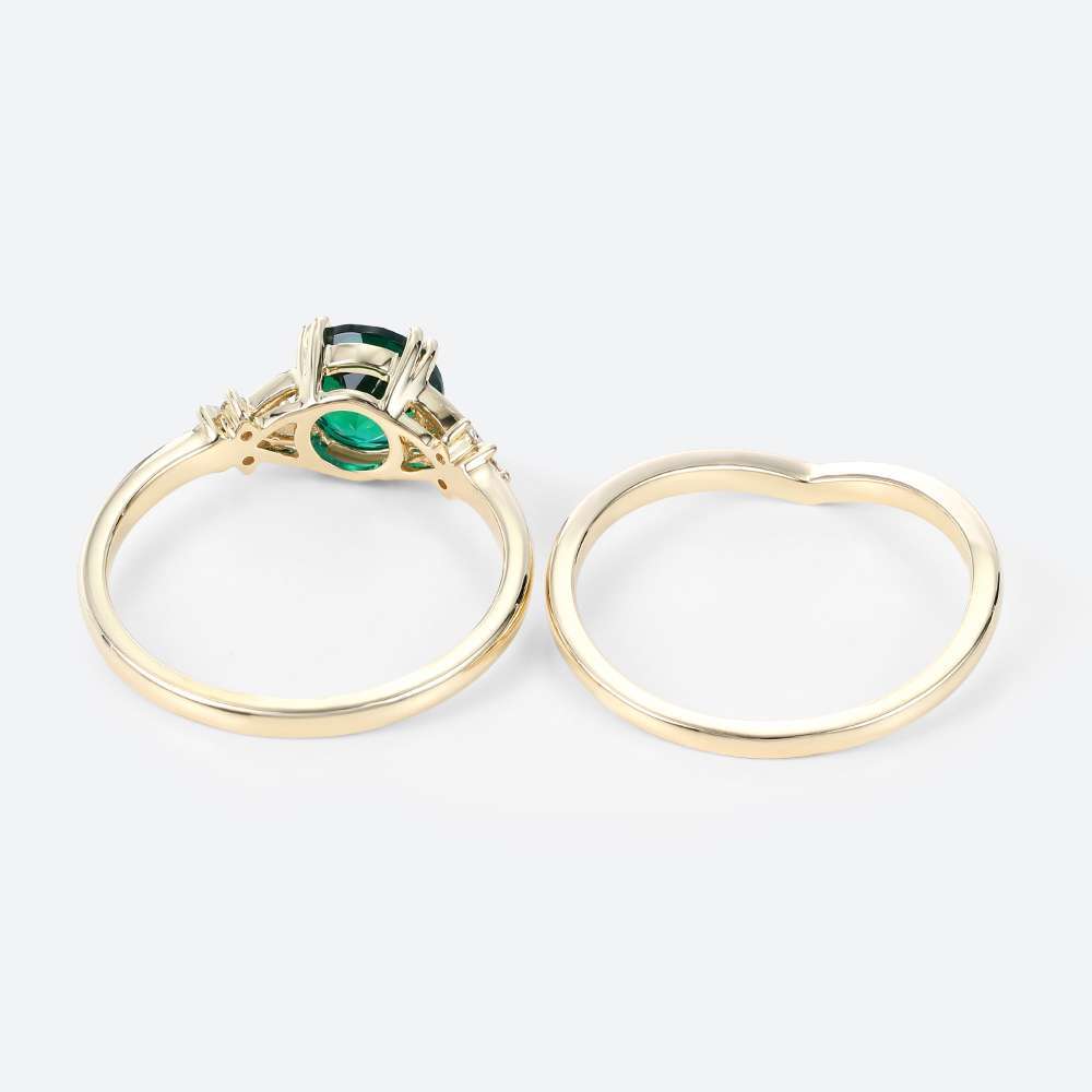 Lab Emeralds Round Engagement Ring Set Settings with Lab Diamonds