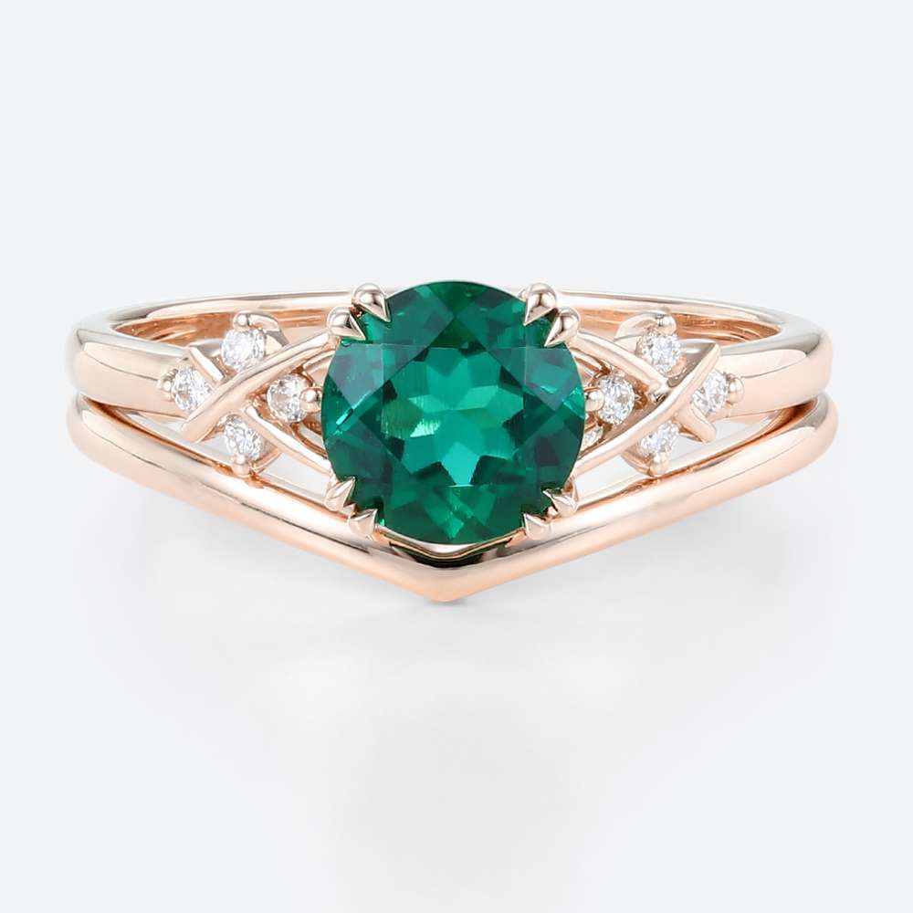 Lab Emeralds Round Engagement Ring Set Settings with Lab Diamonds in rose gold