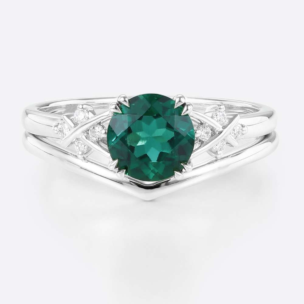 Lab Emeralds Round Engagement Ring Set Settings with Lab Diamonds in white gold