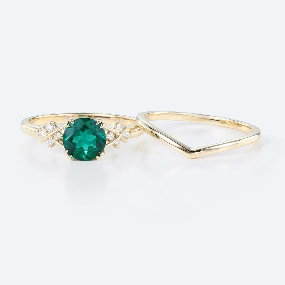 Lab Emeralds Round Engagement Ring Set Settings with Lab Diamonds