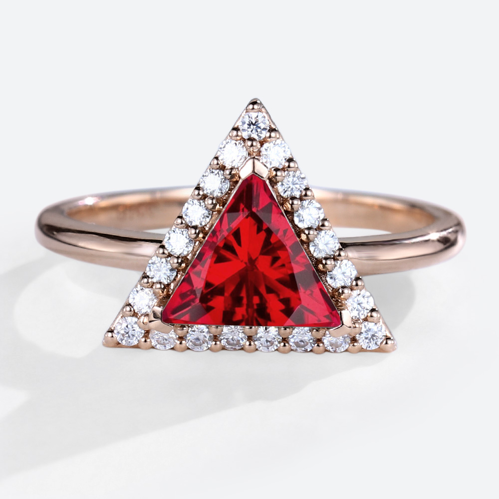 Vintage 1.2ct Lab Ruby Rings Halo Triangle Cut Engagement Ring in Rose Gold