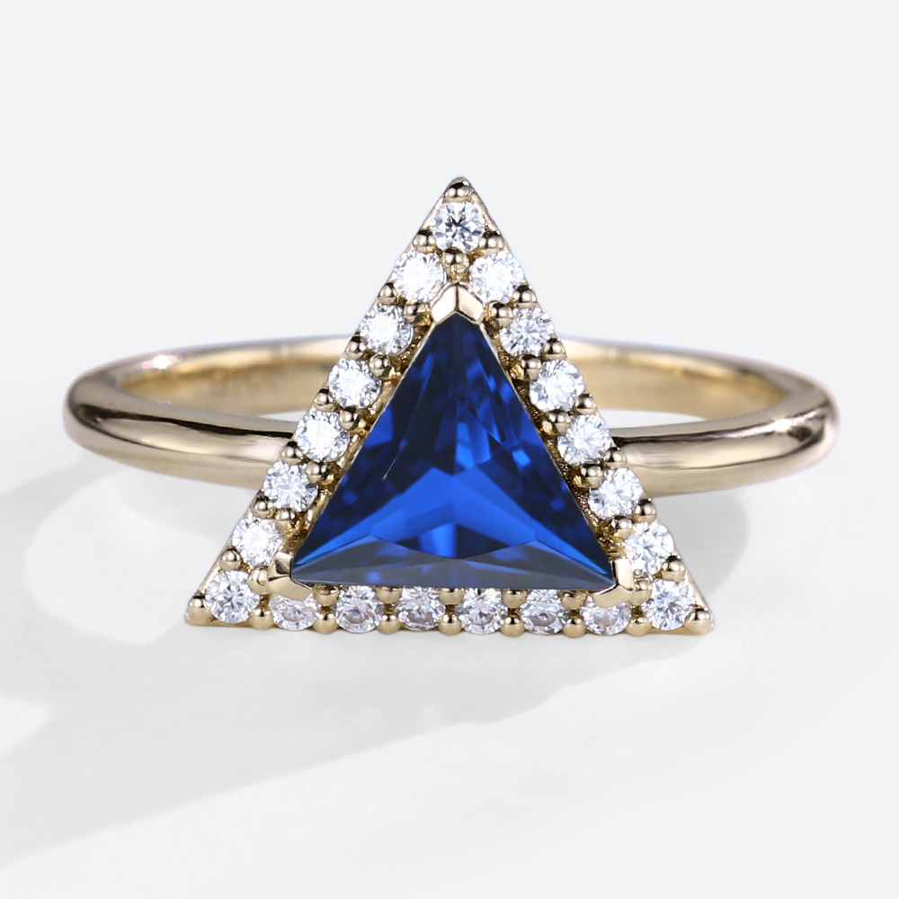 Lab Diamond and Sapphire Ring 1.2ct Triangle Cut Modern Bridal Ring in Yellow Gold