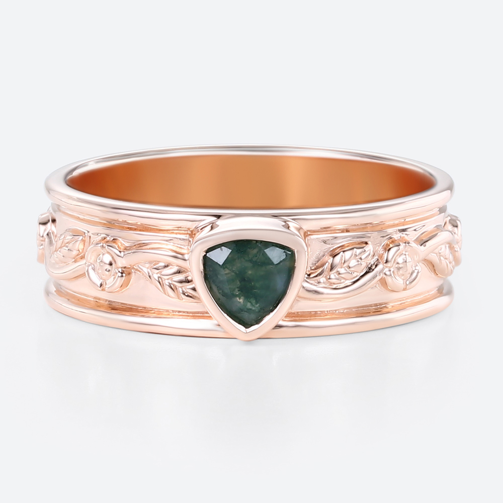 0.3ct Trillion Cut Moss Agate Ring Victorian Style Wide Wedding Band in Rose Gold